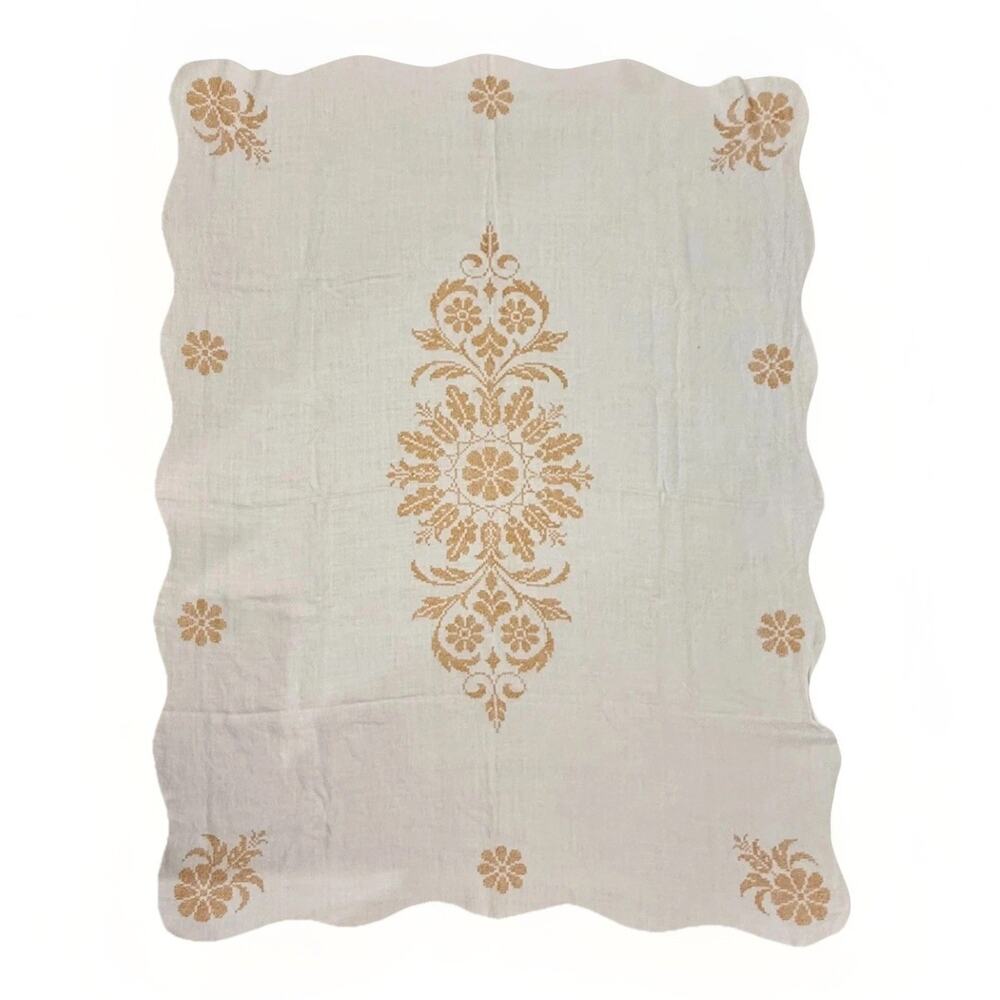 Vintage Embroidered Tablecloth Tan Cross Stitch Floral Linen Scalloped 58"x49"